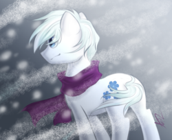 Size: 1200x979 | Tagged: safe, artist:thatzeig, double diamond, g4, clothes, male, scarf, snow, snowfall, solo