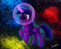 Size: 2470x1986 | Tagged: safe, artist:dkghost, twilight sparkle, alicorn, pony, g4, bubble helmet, female, floating, magic helmet, mare, nebula, newbie artist training grounds, solo, space, space helmet, twilight sparkle (alicorn)