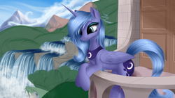Size: 3840x2160 | Tagged: dead source, safe, artist:aurelleah, princess luna, pony, g4, cloud, cute, door, epic, female, forest, happy, high res, looking away, mountain, river, s1 luna, smiling, solo, water, waterfall, wip