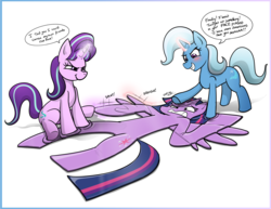 Size: 1554x1200 | Tagged: safe, artist:redflare500, starlight glimmer, trixie, twilight sparkle, alicorn, pony, unicorn, g4, blushing, cartoon physics, eep, flattened, kneading, magic, mocking, onomatopoeia, smiling, smirk, speech bubble, squishy, trixdom, twilight sparkle (alicorn)