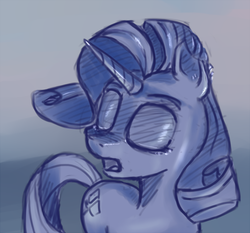 Size: 648x603 | Tagged: safe, artist:post-it, rarity, pony, unicorn, g4, colored sketch, cutie mark, eyes closed, female, horn, monochrome, simple background, sketch, solo