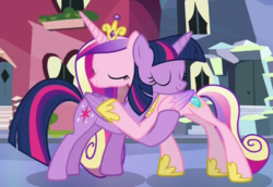 Size: 648x447 | Tagged: safe, screencap, princess cadance, twilight sparkle, alicorn, pony, g4, the times they are a changeling, duo, hug, sisters-in-law, twilight sparkle (alicorn)