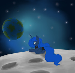 Size: 2000x1944 | Tagged: safe, artist:vanillaghosties, princess luna, g4, banishment, earth, female, frown, missing accessory, missing cutie mark, moon, newbie artist training grounds, night, planet, prone, sad, solo, space, stars