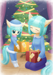Size: 1000x1407 | Tagged: safe, artist:howxu, coco pommel, oc, oc:cosette, anthro, g4, christmas tree, cocobetes, cute, duo, female, howxu is trying to murder us, mother and child, mother and daughter, offspring, present, snow, snowfall, tree, weapons-grade cute