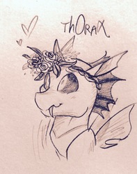 Size: 1837x2332 | Tagged: safe, artist:hkpegasister, thorax, changeling, g4, the times they are a changeling, blushing, floral head wreath, flower, male, monochrome, solo, traditional art