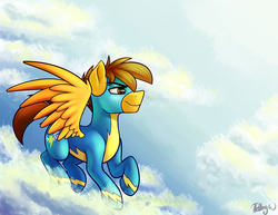 Size: 3850x2975 | Tagged: safe, artist:rubywave32, oc, oc only, oc:compylight, clothes, cloud, high res, solo, wonderbolts uniform