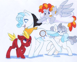 Size: 487x395 | Tagged: safe, artist:frozensoulpony, oc, oc only, oc:captain kidd, oc:crispin, oc:darcy spice, oc:ollie, offspring, parent:apple bloom, parent:rumble, parents:rumbloom