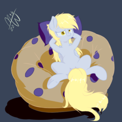 Size: 600x600 | Tagged: safe, artist:malwinters, derpy hooves, pegasus, pony, g4, armpits, beanbag chair, female, food, mare, muffin, newbie artist training grounds, relaxing, solo