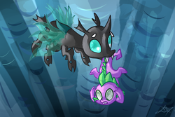 Size: 1500x1000 | Tagged: safe, artist:tamoqu, spike, thorax, changeling, g4, the times they are a changeling, scene interpretation