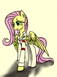 Size: 1944x2592 | Tagged: safe, artist:lth935, fluttershy, fallout equestria, g4, clothes, female, looking away, ministry mares, ministry of peace, solo, spread wings, standing