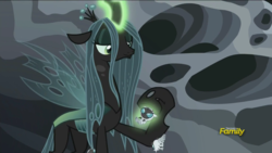 Size: 1917x1080 | Tagged: safe, screencap, queen chrysalis, changeling, changeling larva, changeling queen, g4, the times they are a changeling, discovery family logo, female, glare, grub, larva, levitation, lidded eyes, loving gaze, magic, mommy chrissy, mother, petting, smiling, telekinesis