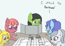 Size: 1414x1000 | Tagged: safe, artist:happy harvey, oc, oc only, oc:anon, oc:filly anon, dead alewives, dice, dm screen, dungeons and dragons, female, figurine, filly, gaming miniature, gap teeth, map, miniature, paper, roleplaying, table, tabletop game