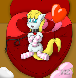 Size: 2029x2095 | Tagged: safe, artist:metalzaki, oc, oc only, oc:tender heart, earth pony, pony, balloon, bed, blue eyes, charm, clothes, collar, colored pupils, earth pony oc, female, heart balloon, heart bed, heart pillow, heart shaped bed, high res, latex, latex socks, leash, lying, lying down, male, on back, open mouth, pillow, socks, stallion, striped socks, that pony sure does love balloons