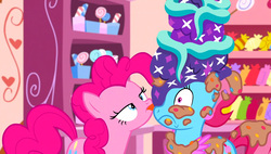 Size: 1920x1090 | Tagged: safe, screencap, cup cake, pinkie pie, earth pony, pony, g4, no second prances, tongue out