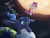 Size: 1024x768 | Tagged: safe, artist:novaintellus, princess celestia, princess luna, alicorn, pony, g4, duo, filly, moon, newbie artist training grounds, planet, pony bigger than a planet, royal sisters, siblings, sisters, space, sun, tangible heavenly object, woona
