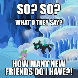 Size: 600x600 | Tagged: safe, edit, edited screencap, screencap, spike, thorax, changeling, g4, the times they are a changeling, caption, image macro, meme, text