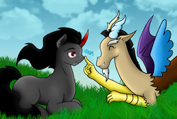 Size: 5000x3363 | Tagged: safe, artist:pixel-spark, discord, king sombra, draconequus, pony, unicorn, fanfic:umbrum ad infinitum, g4, absurd resolution, boop, cloud, fanfic art, gay, grass, male, real life background, shipping, sky, sombracord