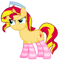 Size: 1016x1032 | Tagged: safe, artist:tabrony23, sunset shimmer, pony, unicorn, g4, clothes, female, mare, nurse, show accurate, simple background, socks, solo, striped socks, transparent background