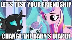 Size: 1920x1080 | Tagged: safe, edit, edited screencap, screencap, princess cadance, princess flurry heart, thorax, changeling, g4, the times they are a changeling, caption, image macro, meme, this will end in tears
