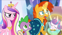 Size: 1280x720 | Tagged: safe, screencap, princess cadance, princess flurry heart, spike, sunburst, pony, g4, the times they are a changeling, baby, baby blanket, baby pony, debate, discovery family logo, male, snug, stallion, swaddling, wrapped