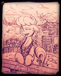 Size: 3008x3733 | Tagged: safe, artist:tamikimaru, apple bloom, cheerilee, scootaloo, sweetie belle, bird, g4, bandana, cutie mark crusaders, fence, floppy ears, high res, monochrome, mountain, one eye closed, traditional art, tree, wink