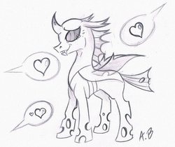 Size: 1561x1312 | Tagged: safe, artist:rossmaniteanzu, thorax, changeling, g4, the times they are a changeling, crying, grayscale, heart, male, monochrome, offscreen character, pictogram, solo, speech bubble, traditional art