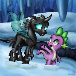 Size: 3024x3024 | Tagged: safe, artist:gaelledragons, spike, thorax, changeling, g4, the times they are a changeling, high res, snow