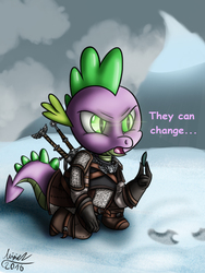 Size: 600x800 | Tagged: safe, artist:misiekpl, spike, dragon, g4, the times they are a changeling, clothes, crossover, dialogue, male, open mouth, signature, snow, solo, text, the witcher, the witcher 3