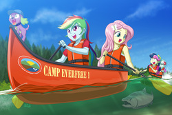 Size: 1200x800 | Tagged: safe, artist:uotapo, bon bon, fluttershy, lyra heartstrings, rainbow dash, spike, spike the regular dog, sweetie drops, dog, fish, human, salmon, equestria girls, g4, my little pony equestria girls: legend of everfree, boat, camp everfree, canoe, cap, clothes, cloud, duo, female, hat, lifejacket, male, oar, open mouth, open smile, rapids, river, rowing, sky, smiling, tree, water