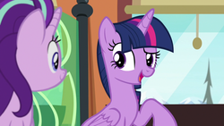 Size: 1280x720 | Tagged: safe, screencap, starlight glimmer, twilight sparkle, alicorn, pony, g4, the times they are a changeling, friendship express, sky, train, tree, twilight sparkle (alicorn), window
