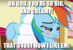 Size: 706x484 | Tagged: safe, rainbow dash, g4, blushing, cargo ship, double entendre, food, ice cream, image macro, innuendo, meme, shipping