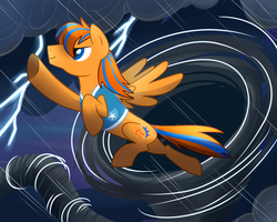 Size: 1024x819 | Tagged: safe, artist:madmax, oc, oc only, oc:cold front, pegasus, pony, cold front's storm, flying, lightning, male, rain, solo, stallion, storm, tornado, weather team, winter wrap up vest