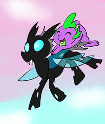 Size: 1656x1944 | Tagged: safe, artist:thedapperdragon, spike, thorax, changeling, g4, the times they are a changeling, dragons riding changelings, happy, riding, smiling, spike riding thorax