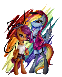 Size: 1000x1250 | Tagged: safe, artist:yuntaoxd, rainbow dash, scootaloo, pony, g4, bad girl, badass, bedroom eyes, bipedal, bra, bra on pony, cap, clothes, ear piercing, earbuds, hat, hoodie, jewelry, lighter, necklace, phone, piercing, punk, simple background, stockings, tattoo, transparent background, underwear, urban