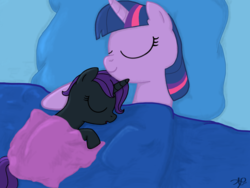 Size: 1200x900 | Tagged: safe, artist:sgtgarand, twilight sparkle, oc, oc:nyx, alicorn, pony, g4, alicorn oc, bed, cute, duo, female, filly, mama twilight, mother and daughter, nyxabetes, sleeping, twiabetes