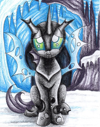 Size: 2470x3133 | Tagged: safe, artist:lunar-white-wolf, thorax, changeling, g4, the times they are a changeling, high res, looking at you, male, sitting, smiling, solo, traditional art