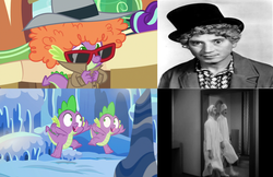 Size: 2220x1440 | Tagged: safe, spike, thorax, changeling, g4, my little pony: friendship is magic, season 6, the times they are a changeling, disguise, duck soup (movie), groucho marx, harpo marx, marx brothers, mirror, reference, reflection, wig