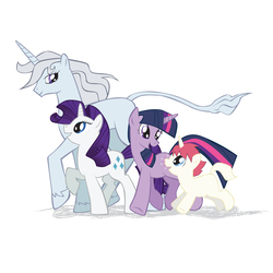 Size: 6658x6666 | Tagged: safe, artist:inspectornills, rarity, twilight sparkle, pony, unicorn, g4, 2011, absurd resolution, amalthea, colt, crossover, female, foal, group, horn, leonine tail, looking at each other, looking at someone, male, mare, quartet, running, simple background, tail, the last unicorn, underhoof, unico, unicorn twilight, vector, walking, white background