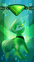 Size: 2000x3605 | Tagged: safe, artist:segraece, part of a set, gem (race), gem pony, pony, unicorn, blatant lies, crossover, crystal horn, female, gem, high res, horn, mare, peridot, peridot (steven universe), ponified, scrunchy face, solo, steven universe