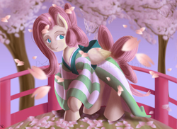 Size: 8800x6400 | Tagged: safe, artist:mirrorandimage, fluttershy, g4, absurd resolution, bridge, cherry blossoms, cherry tree, clothes, female, kimono (clothing), solo, tree, watermark