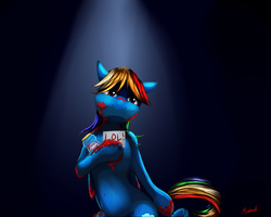 Size: 1500x1200 | Tagged: safe, artist:miokomata, rainbow dash, g4, belly button, female, ketchup, lol, paper, prank, sauce, signature, smiling, solo