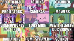 Size: 1915x1073 | Tagged: safe, applejack, big macintosh, fluttershy, granny smith, photo finish, pinkie pie, rainbow dash, rarity, spike, twilight sparkle, earth pony, pony, g4, camera, gramophone, helmet, male, mane six, microphone, projector, radiator, schizo tech, stallion