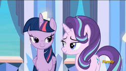 Size: 1280x720 | Tagged: safe, screencap, starlight glimmer, twilight sparkle, alicorn, pony, g4, the times they are a changeling, discovery family logo, lidded eyes, twilight sparkle (alicorn)