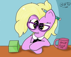 Size: 2439x1961 | Tagged: safe, artist:bronybehindthedoor, grace manewitz, g4, coffee mug, desk, female, glasses, looking at you, pencil, signature, solo