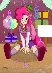 Size: 800x1126 | Tagged: safe, artist:shikidark, gummy, pinkie pie, human, g4, duo, humanized