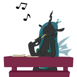 Size: 1000x1000 | Tagged: safe, artist:hotkinkajou, artist:lalieri, queen chrysalis, changeling, changeling queen, g4, cute, cutealis, dork, dorkalis, female, music notes, pencil, simple background, sitting, solo, transparent background, whistling