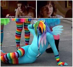 Size: 625x572 | Tagged: safe, rainbow dash, human, g4, clothes, cosplay, costume, fifty shades of grey, irl, irl human, my desires are unconventional, photo