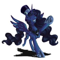 Size: 1200x1202 | Tagged: safe, artist:hilloty, princess luna, alicorn, pony, g4, commission, dancing, eyes closed, female, grin, hat, ribcage, shadow, simple background, smiling, solo, spread wings, top hat, transparent background