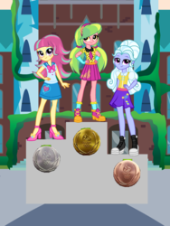 Size: 940x1252 | Tagged: safe, artist:amante56, artist:mixiepie, artist:themexicanpunisher, lemon zest, sour sweet, sugarcoat, equestria girls, g4, my little pony equestria girls: friendship games, alternate clothes, bronze, bronze medal, ceremony, clothes, crystal prep academy, gold, gold medal, olympics, rio 2016, silver, silver medal