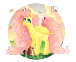 Size: 2211x1809 | Tagged: safe, artist:hfinder, fluttershy, bird, butterfly, squirrel, g4, female, fluffy mane, fluffy tail, solo